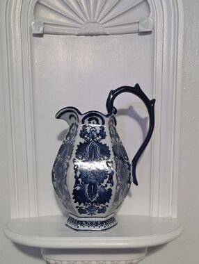 Vintage The Bombay Company Blue and White Ceramic Pitcher.
